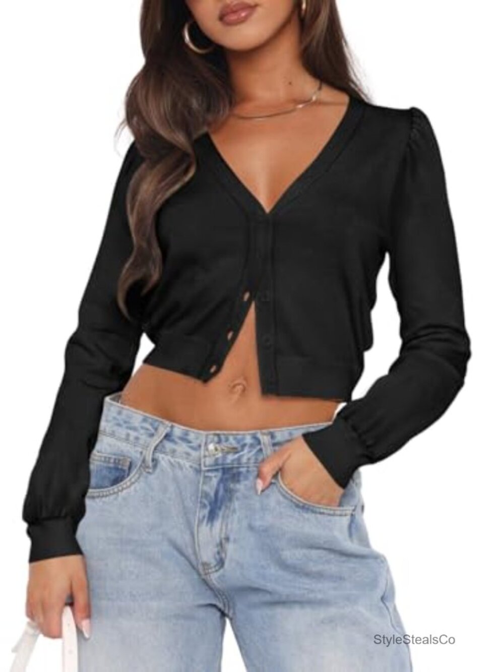 Open Front Cardigan Sweater V Neck Knit Crop Button Puff Sleeve
